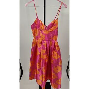 Lulus Women Vivinna Pink and Orange Floral Jacquard Pleated Midi Dress M